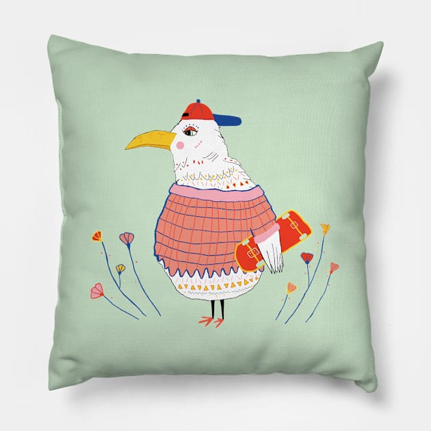 skateboarding bird Pillow by sezindarendeillustrations