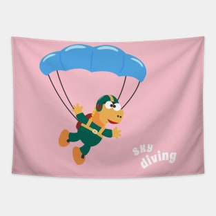 cartoon illustration of skydiving with litlle dinosaur Tapestry