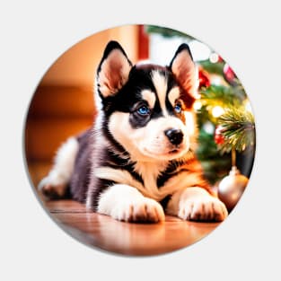 Husky Puppy Dog by Christmas Tree Pin