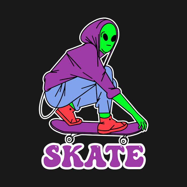 SKATE - ALIEN SKATEBOARDING, skateboarder gift, gifts, streetwear, urban, clothing - Dark Colors by PorcupineTees