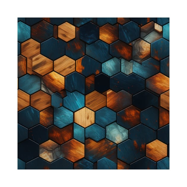 Geometric Timber: Crystalline Hexagons in Amber and Blue by star trek fanart and more