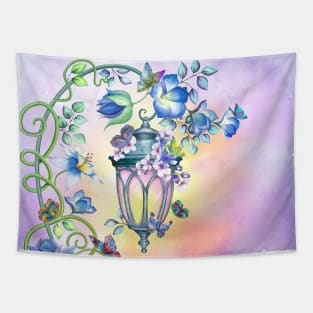 Magic streetlight with flowers and butterflies decoration. Fairy spring garden watercolor illustration. Colorful romantic scenery Tapestry