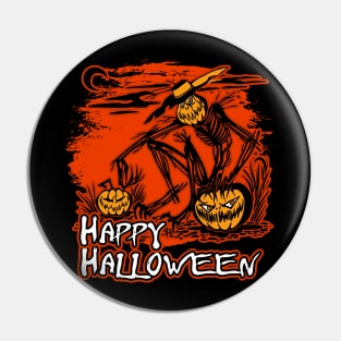 Happy Halloween Scarecrow And Pumpkins Pin