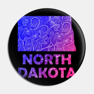 Colorful mandala art map of North Dakota with text in blue and violet Pin