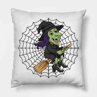 Halloween Witch Broom Spider Web Pillow