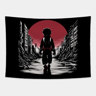 Hero walking through a city Tapestry