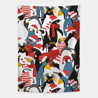 Merry penguins // pattern // black white grey dark teal yellow and coral type species of penguins red dressed for winter and Christmas season (King, African, Emperor, Gentoo, Galápagos, Macaroni, Adèlie, Rockhopper, Yellow-eyed, Chinstrap) Tapestry