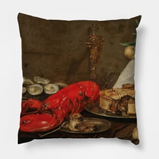 A Lobster, Oysters, Pastry, Mixed Fruit and Filled Wine Glasses on a Partially Draped Table by Frans Ykens Pillow