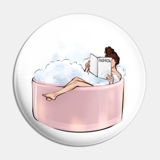 Relaxed woman taking bath reading fashion magazine Pin