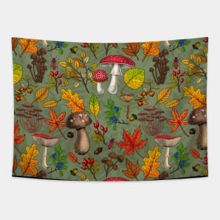 Autumn mushrooms, leaves, nuts and berries on green Tapestry