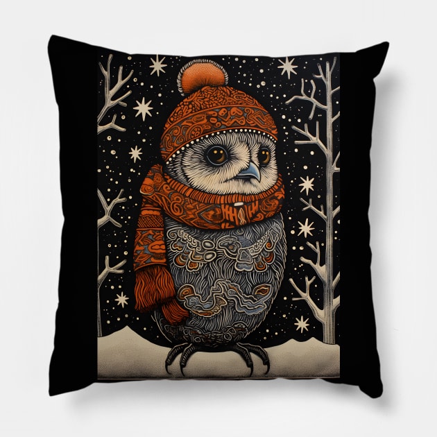 Magic Owl in Winter Forest Funny Christmas Gift Pillow by Ai Wanderer