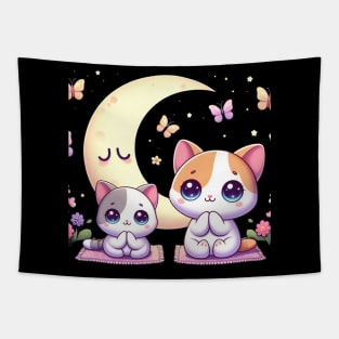 Cute Mother And Son Cat Praying with Stars and Butterflies Tapestry