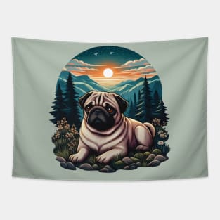 pug dog in the wild during sunset Tapestry