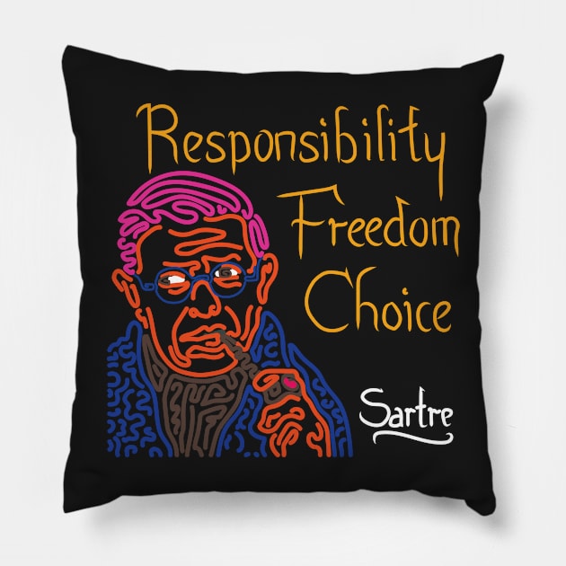 STYLIZED LINE ART SARTRE - RESPONSIBILITY FREEDOM CHOICE - neon Pillow by Xotico Design