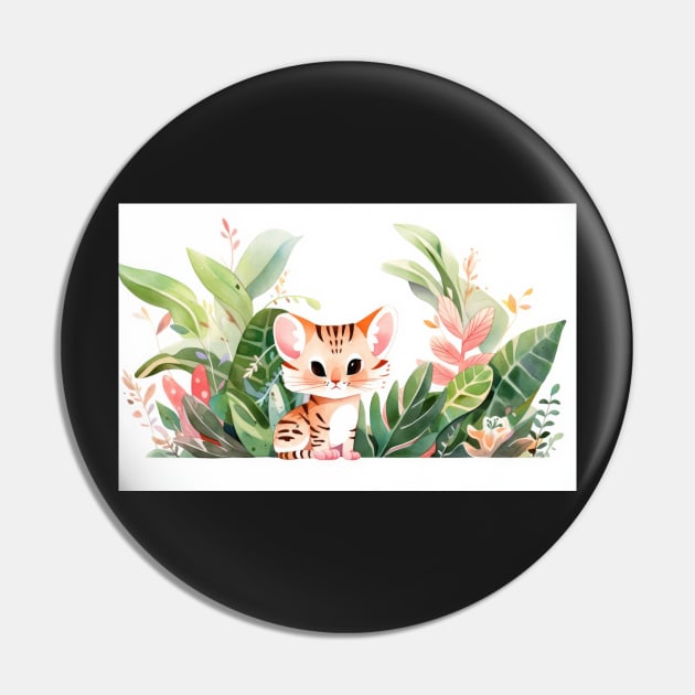 Whimsical Jungle Cat Watercolor Illustration Pin by A Badger