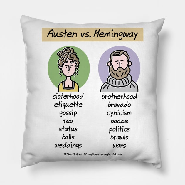 Austen vs Hemingway Pillow by WrongHands