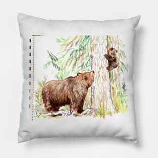 Grizzly Bear mom and cub sketchbook version Pillow