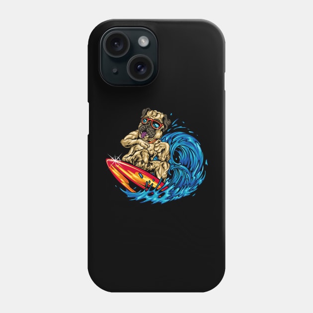 Funny Surfing Pug Riding an Ocean Wave Dog Surfboard Phone Case by Proficient Tees