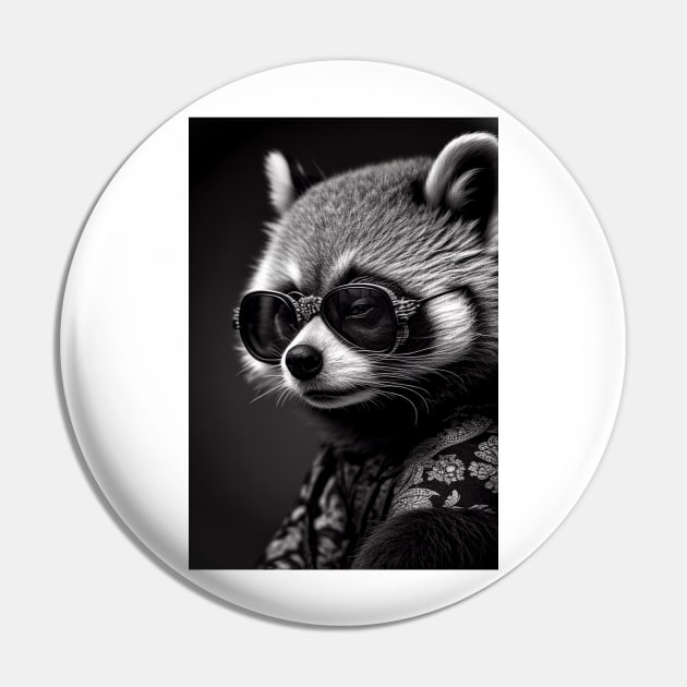 Red Panda Rockstar: A Black and White Portrait Pin by Artventure1