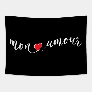 Mon Amour French White Typography With Red Heart Tapestry