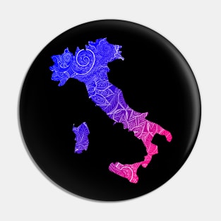 Colorful mandala art map of Italy with text in blue and violet Pin