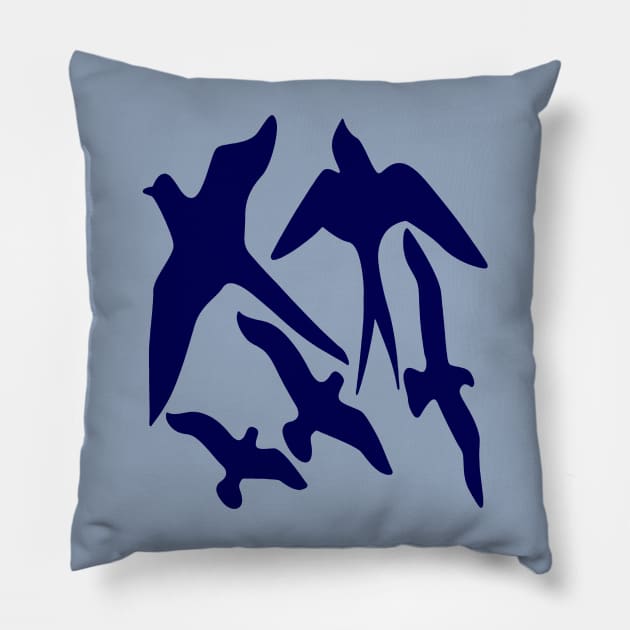 Birder Silhouette Swallow Swift and Seagulls In Blue Pillow by taiche