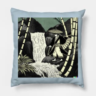 Ukiyo-e Japanese Samurai and Waterfall Pillow