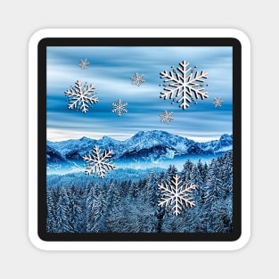 Winter Snowy Mountains, Pines & Graphic Snowflakes Cozy Home Decor & Gifts Graphic Design Snow Magnet