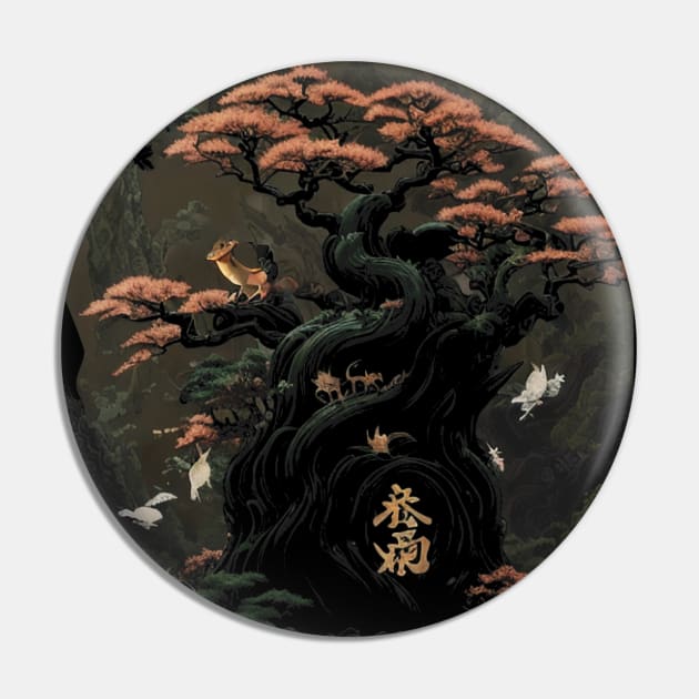 Cute Kawaii Sakura Tree - Traditional Japanese Painting Pin by HideTheInsanity