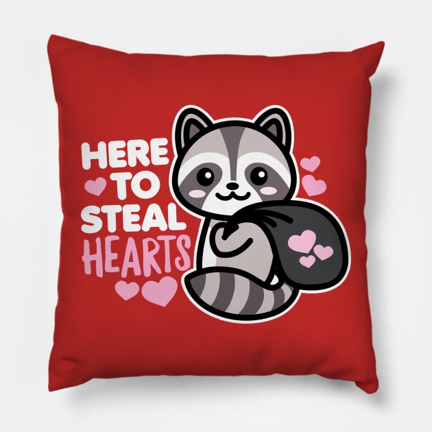 Here to Steal Hearts Funny Valentines Day Racoon Kawaii Pillow by DetourShirts