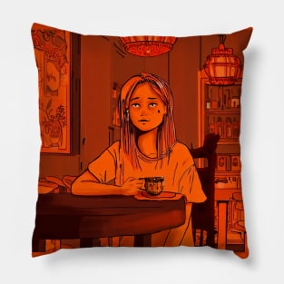 Melancholic girl drinking tea in traditional Chinese home Pillow