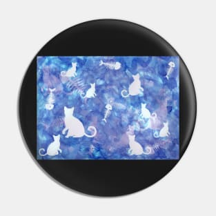 Blue Watercolor Cat and Fish Bone Painting Pin