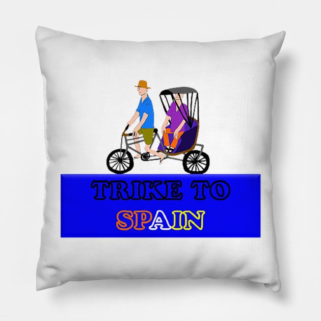 Trike to Spain - Three - Wheeled Cycle Pillow by drawkwardly