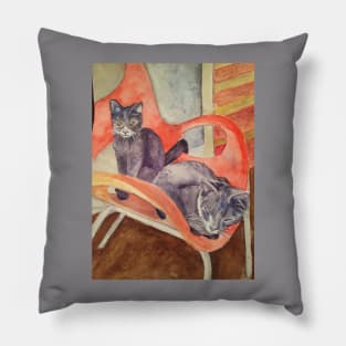 Gray cats on red chair Pillow