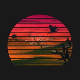 Lispe Traditional Japanese Aesthetic Sunset with Crane Silhouette T-Shirt