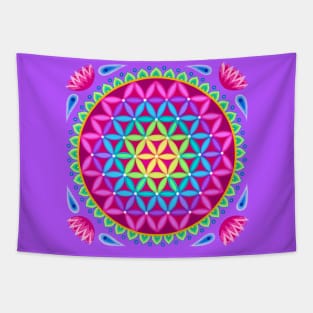 Bright Rainbow Flower of Life Tapestry