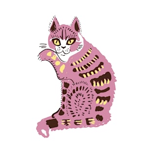 Cute Pink Folk Cat T-Shirt