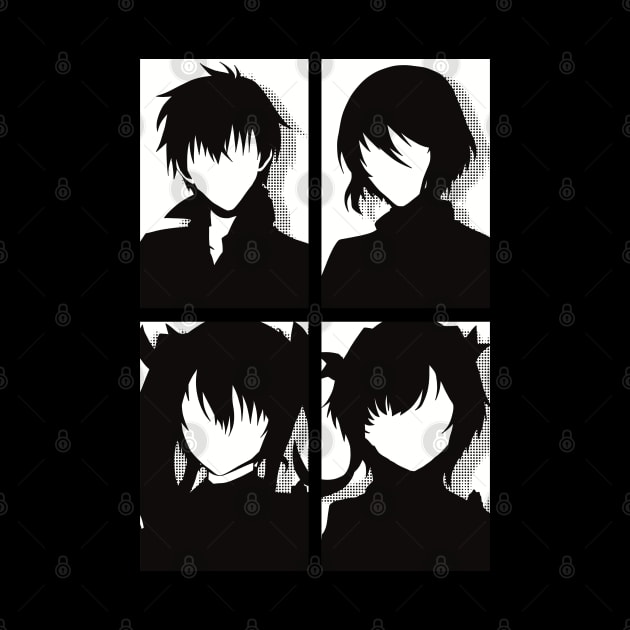 The Misfit of Demon King Academy or Maou Gakuin Anime Characters : Anos Voldigoad, Misha Necron, Sasha Necron, and Lay Glanzudlii in Black and white Minimalist Pop art Design by Animangapoi