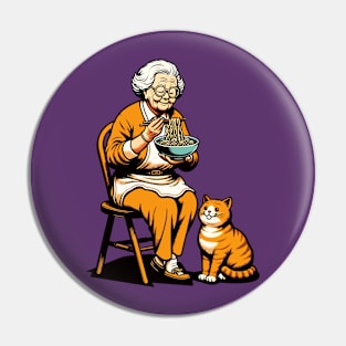 Grandma sitting on a chair with a cat, both enjoying noodles Pin