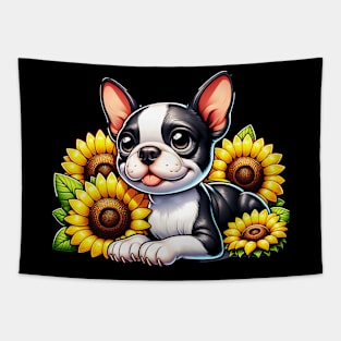 Boston Terrier And Sunflowers Tapestry