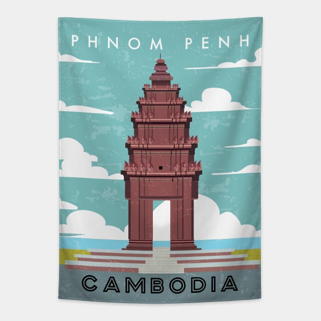 Phnom penh, Cambodia. Retro travel poster Tapestry by GreekTavern