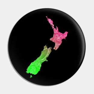 Colorful mandala art map of New Zealand with text in pink and green Pin