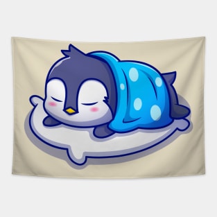 Cute Penguin Sleeping On Pillow With Blanket Tapestry