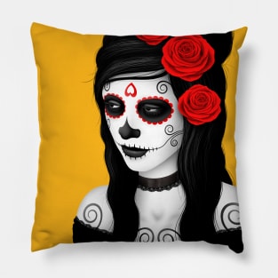 Day of the Dead Girl with Red Roses Pillow