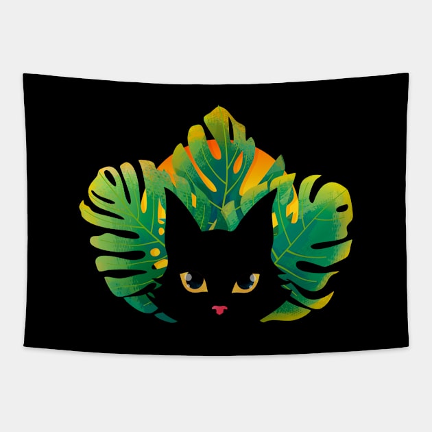 Black Cat with Tropical Leaves in the Sunset Tapestry by zorrorojo