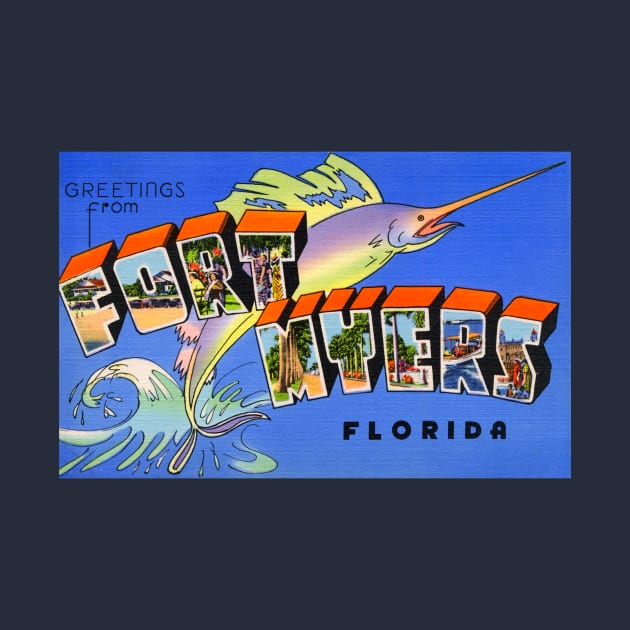 Greetings from Fort Myers Florida, Vintage Large Letter Postcard by Naves