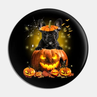 Black French Bulldog  Spooky Halloween Pumpkin Dog Head Pin