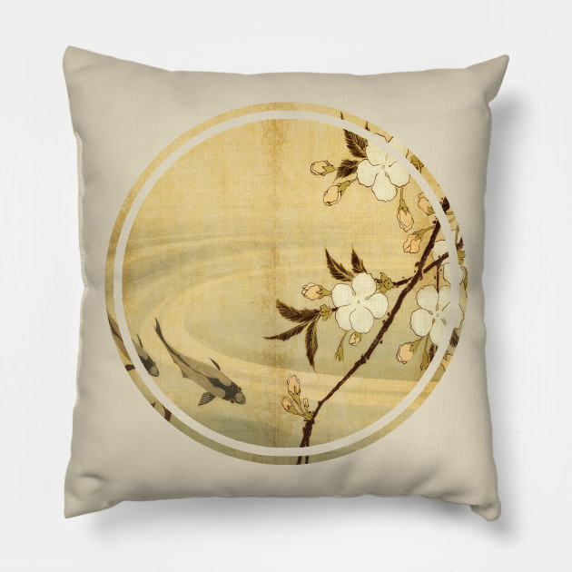 Old Japanese Painting Flowers And Koi Fish Japanese Pillow