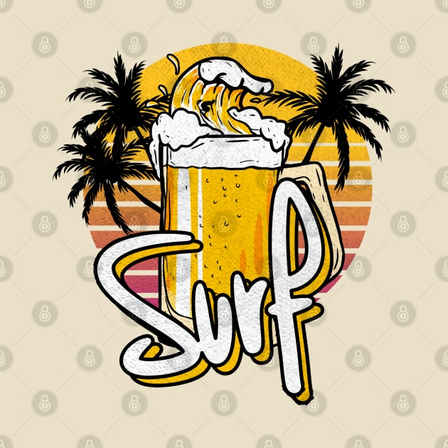 Funny Glass Of Beer Surf Wave Vintage Retro Sunset Design by A Comic Wizard