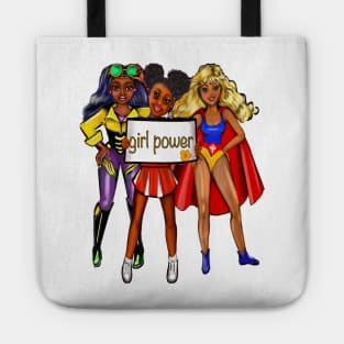 Girl power anime girl cheerleader, superhero and explorer - diverse group with Afro hair in puffs, blond hair, black hair, dimples, brown eyes and green eyes Tote